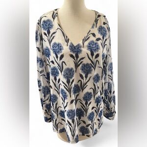 Ann Taylor Blue and White Floral Print Long Sleeve Blouse Women’s Size Large